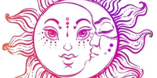 Artistic sun and moon with faces in vibrant gradient colors.