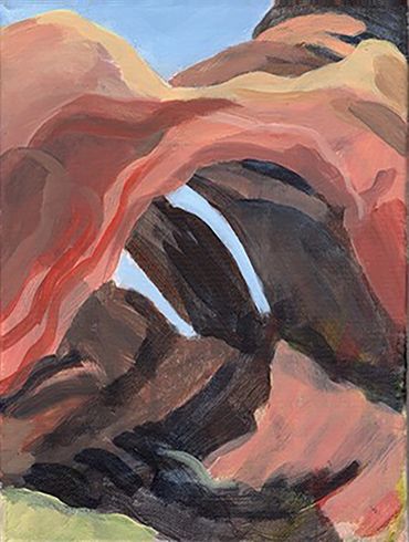 Vertical Acrylic painting of a flowing arched rock formation against a sky.