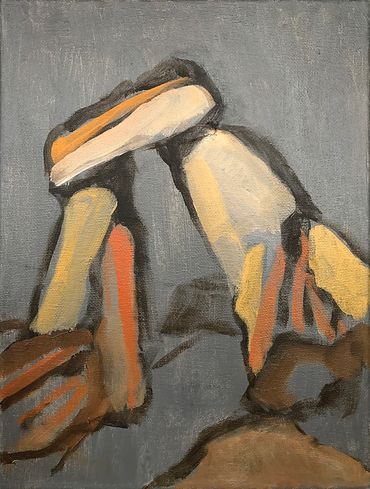 Vertical Acrylic painting of an arched Stonehenge-like rock formation angled up towards the left.