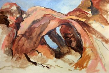 Acrylic painting of majestic, flowing rock formations creating arches. Sky peeks through spaces.