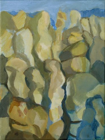 Vertical Acrylic painting of a wall of hoodoo rock formations with sky above.