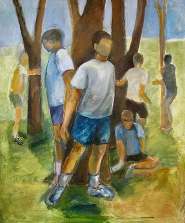 Vertical Acrylic painting of children playing hide and seek among trees