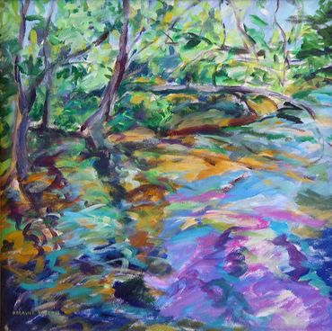 Square Acrylic painting of trees, bushes and their reflections in the Connetquot river