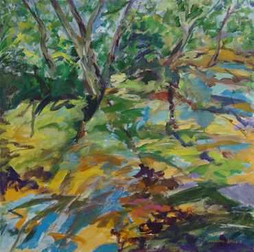 Square Acrylic painting of trees, bushes and their reflections in the Connetquot river