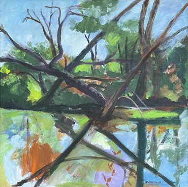 Square Acrylic painting of tree trunks and their reflections in the Connetquot river