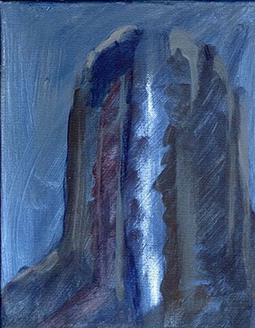 Vertical Acrylic painting of Devils Tower with a glowing vertical line within against sky.