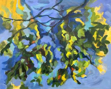 Acrylic painting of leaves and branches over water