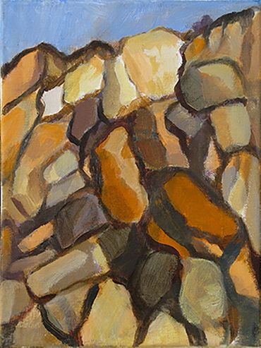 Vertical Acrylic painting of an angled wall of rocks with sky above.