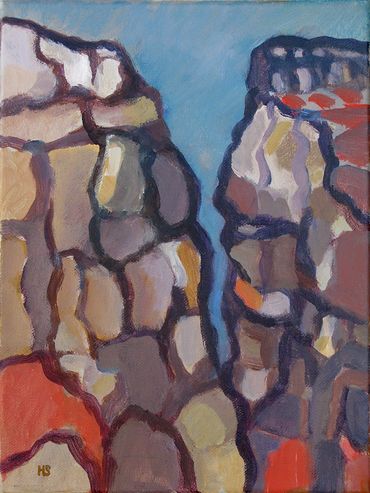 Vertical Acrylic painting of two flat topped rock formations against a sky.