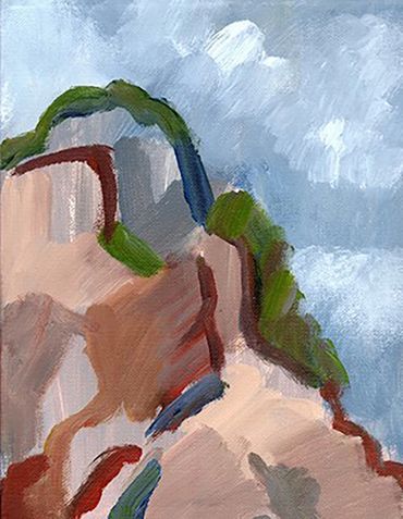 Vertical Acrylic painting of the top of an angular, tree lined rock formation, against a moody sky.