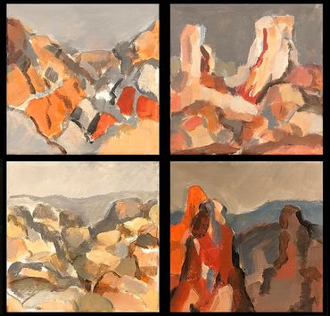 Four small square Acrylic paintings each shows a different view of rock formations against sky.