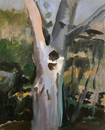 Vertical Acrylic painting “Gray Tree with Owl Hole”