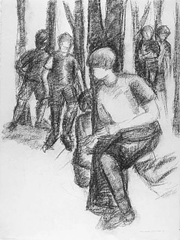 Vertical Charcoal drawing of children playing hide and seek among trees