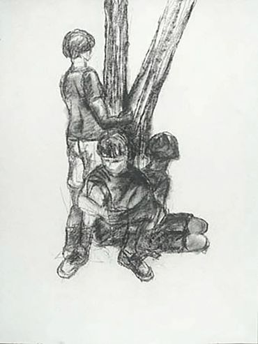 Vertical Charcoal drawing of children playing hide and seek among trees