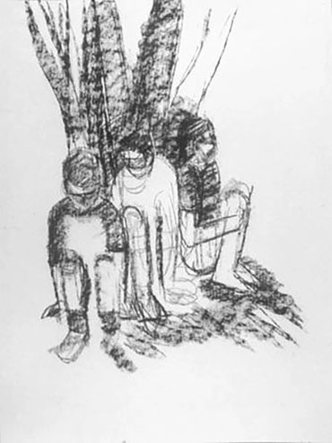 Vertical Charcoal drawing of children playing hide and seek and sitting under trees