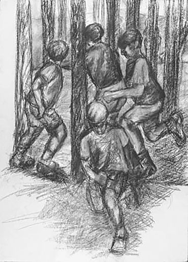 Vertical Charcoal drawing of children playing hide and seek among trees