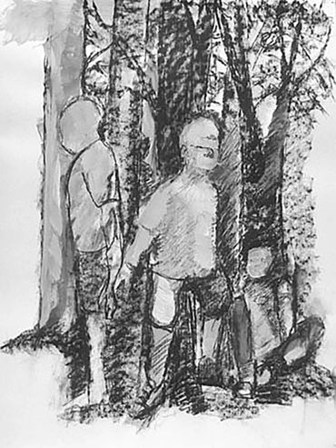Vertical Charcoal drawing of children playing hide and seek among trees