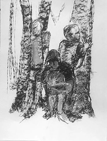 Vertical Charcoal drawing of children playing hide and seek among trees