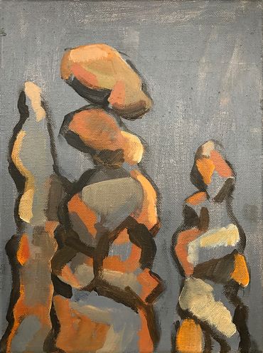 Vertical Acrylic painting of the tops of three hoodoo rock formations.