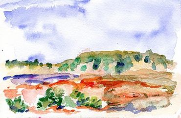Watercolor painting of a flat-topped rock formation with plants and rocks with sky above.