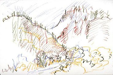 Caran D’Ache drawing of hills in perspective with a winding road and a group of bushes.
