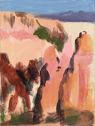 Vertical Acrylic painting of rock formations.