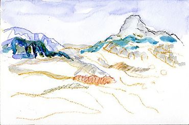 Caran D’Ache drawing of rock formations near the North Entrance of Yellowstone National Park.