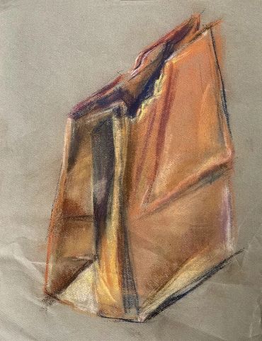 Vertical Pastel drawing of one paper bag angled down and to the left.