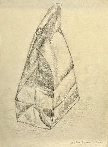 Vertical Pencil drawing of one closed paper bag angled down and to the left.