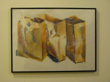 Pastel drawing of three paper bags angled forward.