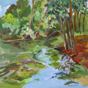 Square Acrylic painting of trees, bushes and their reflections in a river