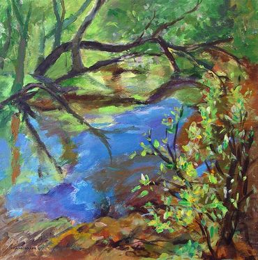 Square Acrylic painting of trees, bushes and their reflections in a river
