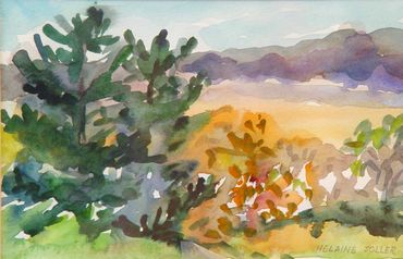 Watercolor painting of trees, hills and sky along a road