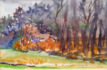 Watercolor painting of trees, hills and sky along a road