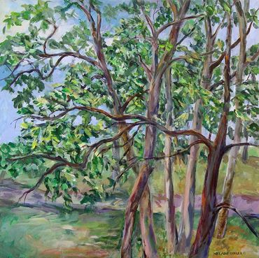 Square Acrylic painting of trees with plants and sky in the background