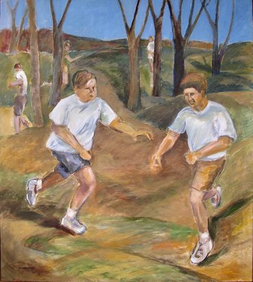 Vertical Acrylic painting of children playing hide and seek among trees