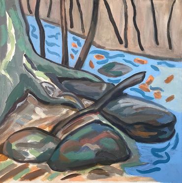 Square Acrylic painting “Tree Rock Stream”