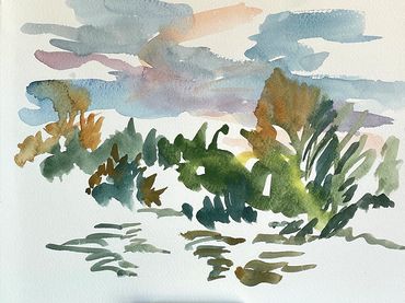 Watercolor painting of plants along a river
