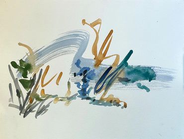 Watercolor painting of tall grass and a river