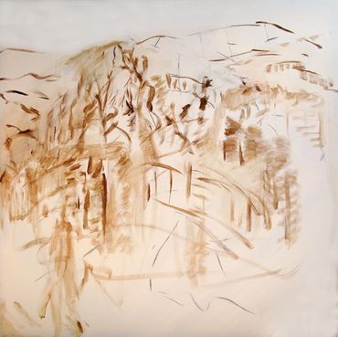 Square Acrylic sketch-like painting of mountains and trees.