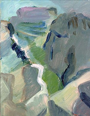 Vertical Acrylic painting of the Colorado River and angular rock formations.