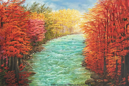Original oil painting of a peaceful river flowing through warm red, orange and golden foliage.