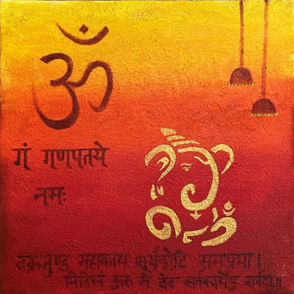Original oil painting of Lord Ganesha with auspicious mantras,symbolising peace and prosperity