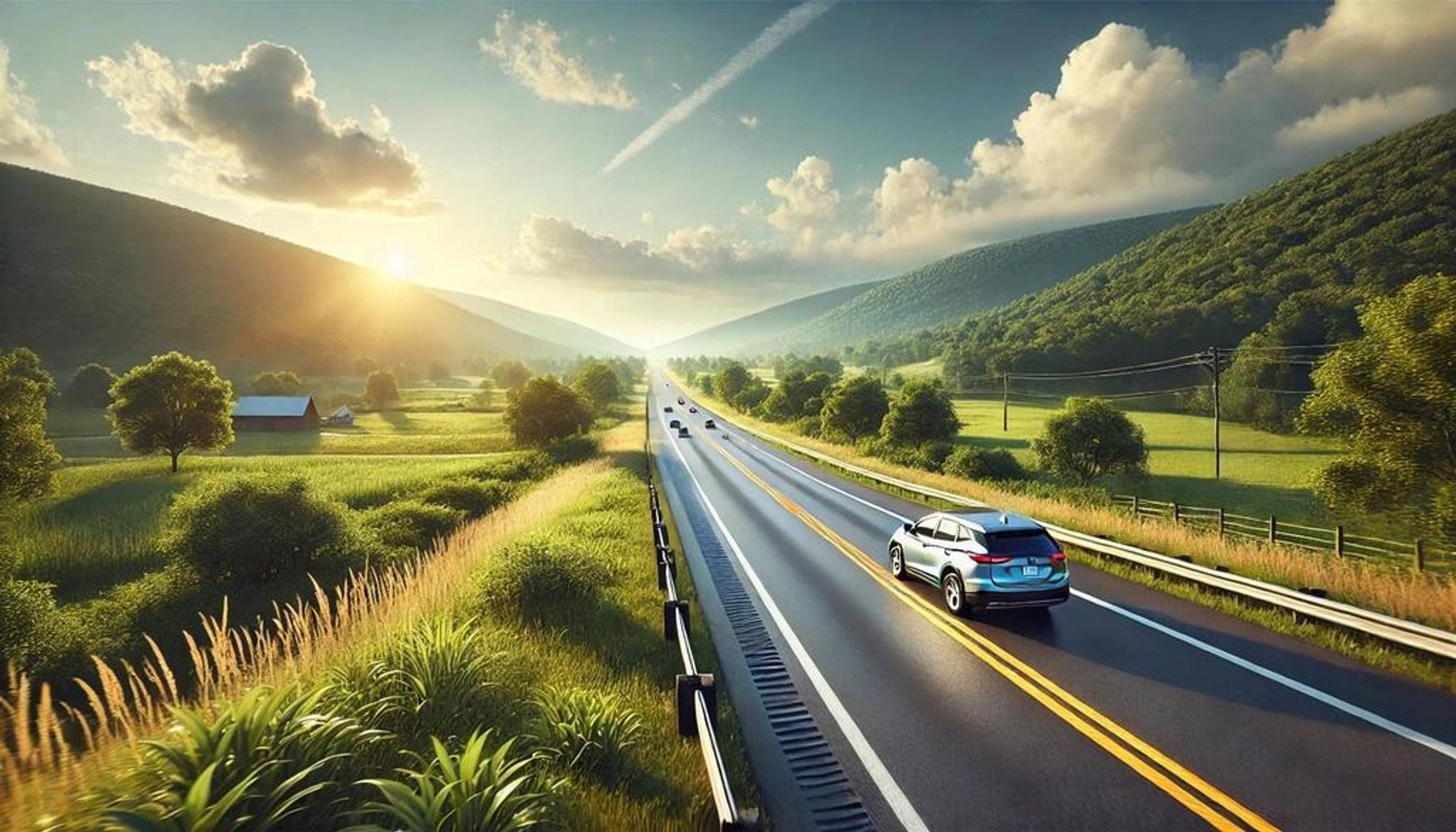 Car driving on a scenic highway through lush green hills at sunrise.