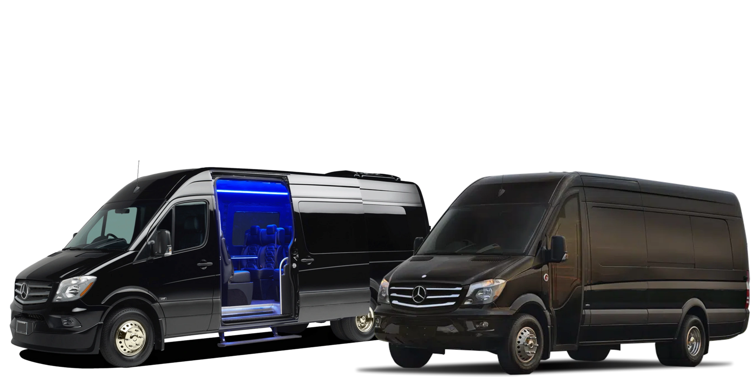 Two black Mercedes Sprinter vans, one with open door and blue interior lighting.