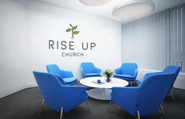 meeting room with logo on wall, rise up church logo design, meeting room with blue chairs