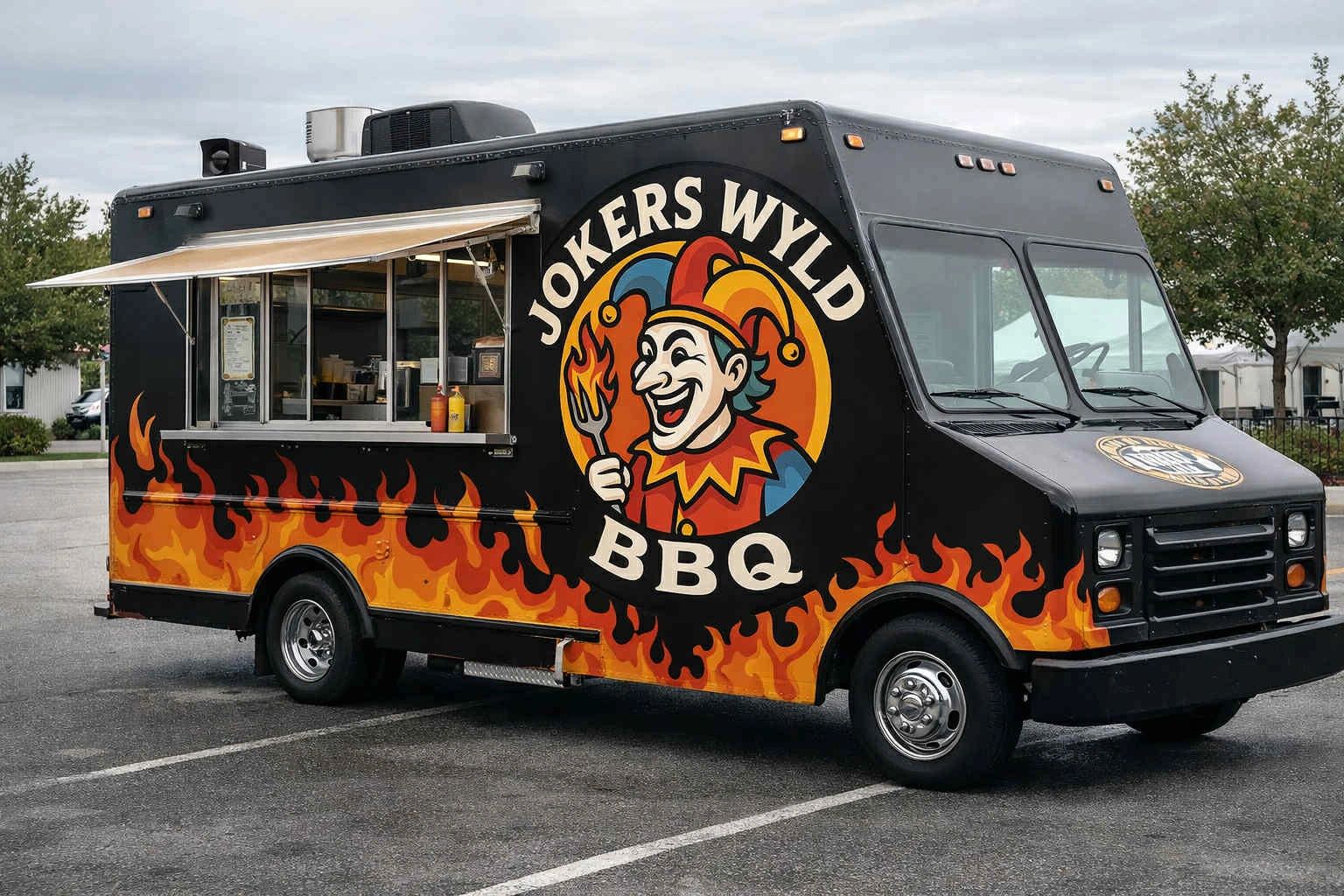 Black BBQ food truck with flames and a jester logo.