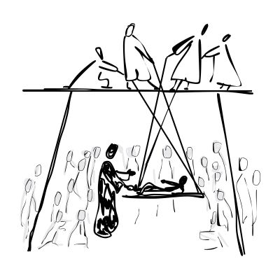 Sketch of a ritual with figures manipulating a person on a suspended platform.