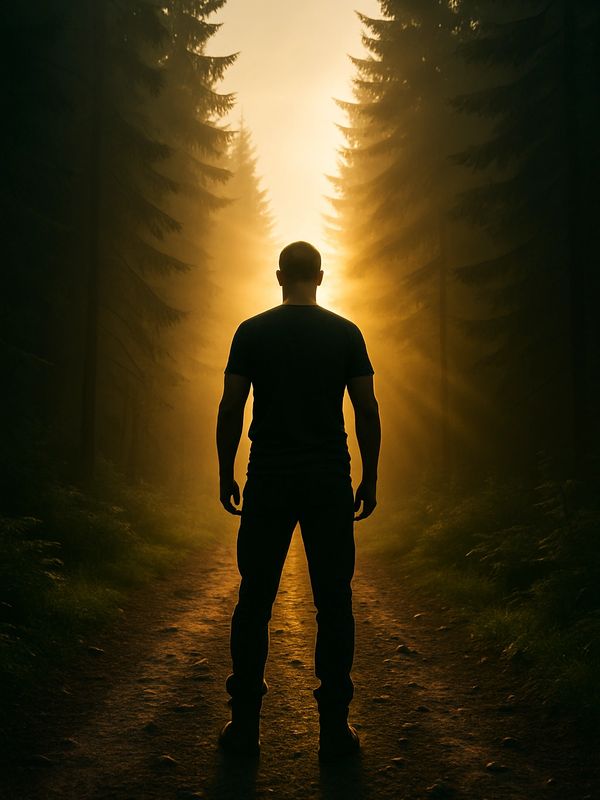 Silhouette of a man on a forest path stepping into sunlight, symbolizing personal mission reset, first responder coaching, and veteran support services.