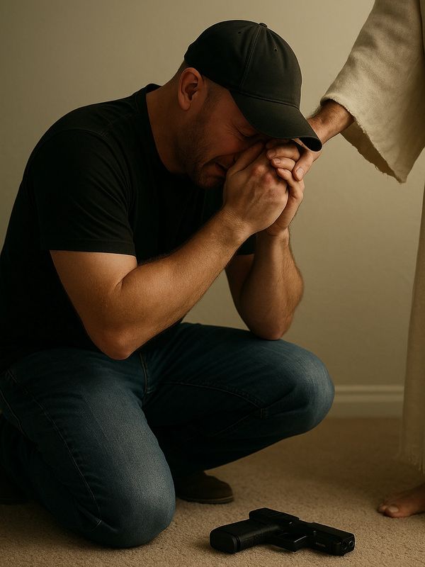 Man in distress receiving support, symbolizing burnout recovery and faith-based coaching for hope and mission reset.